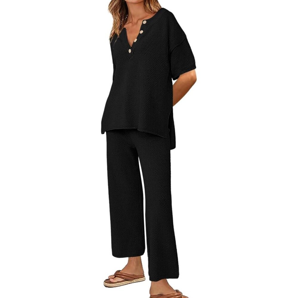 Women’s Knit Lounge Sets 2 Piece Sweater & Wide Leg Pants Small Black Comfortabl